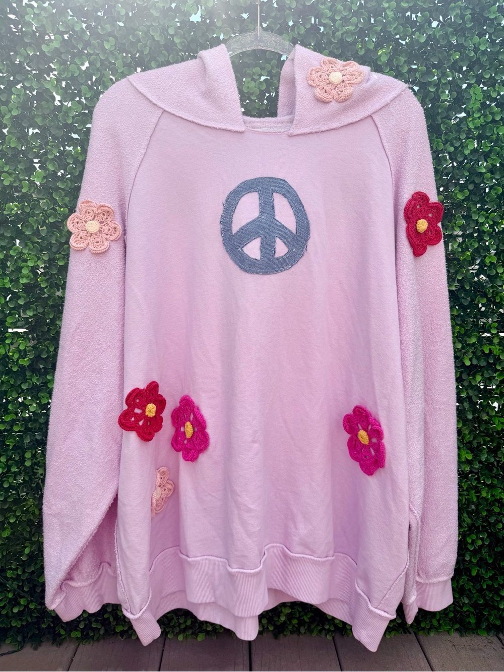 FREE PEOPLE x TRICIA FIX Peace Sign Hoodie w/ Appliqué Crochet Flowers